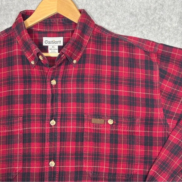 Carhartt Long Sleeve Button-Down Flannel Plaid Shirt-Red/Black-Men Size XL - Picture 1 of 6